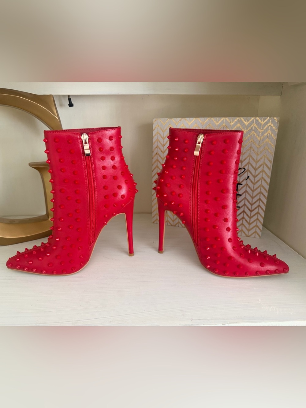 Red Studded Pointed-Toe Stiletto Ankle Boots - Women's Heeled Boots